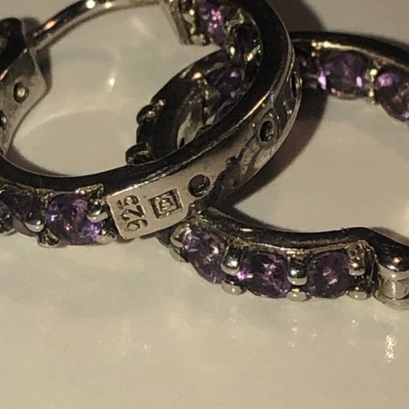 DELMAR Jewellers Amethyst Sterling Silver Hoop Earrings Half Inch .5” - Picture 3 of 4